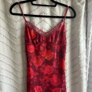 Floral Lace Trim Slip Dress - Red